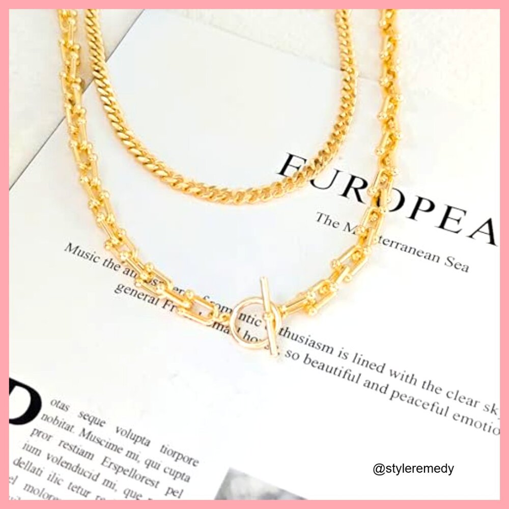 14K Gold Plated Layered Necklace Set with Toggle Clasp - Picture 5 of 7